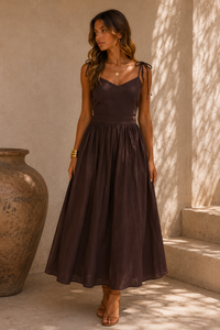 Open Back Tie Shoulder Midi Dress - Brown