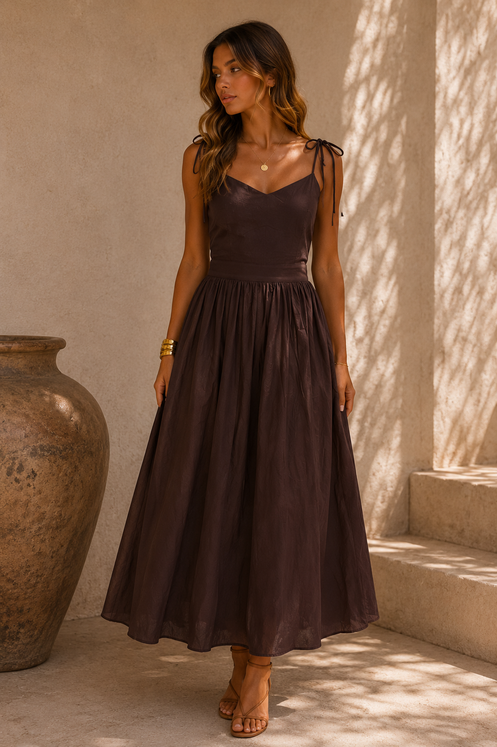 Open Back Tie Shoulder Midi Dress - Brown