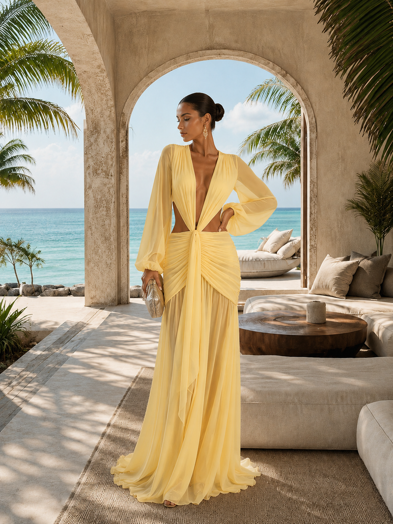 Serafina Cutout Chiffon Maxi Dress - Yellow