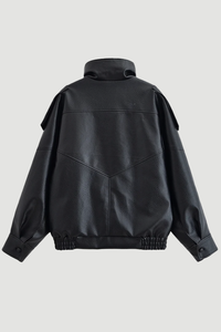 Oversized Faux Leather Bomber Jacket – Black
