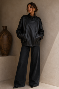 Oversized Faux Leather Bomber Jacket – Black