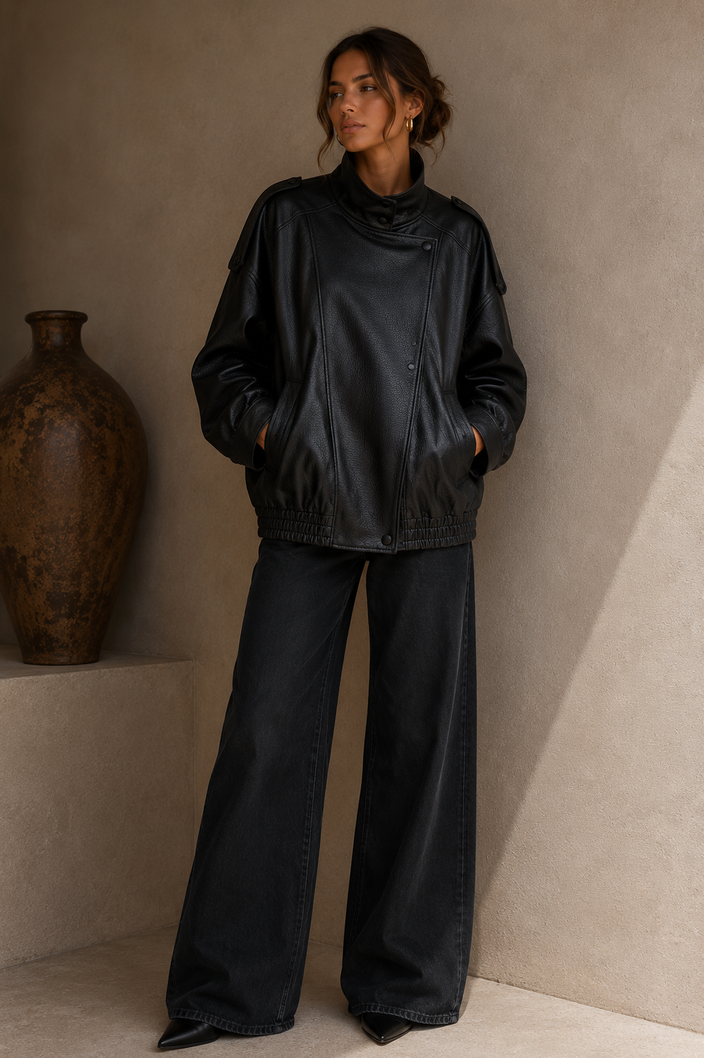 Oversized Faux Leather Bomber Jacket – Black