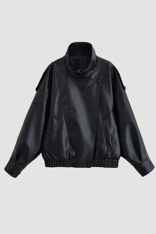 Oversized Faux Leather Bomber Jacket – Black