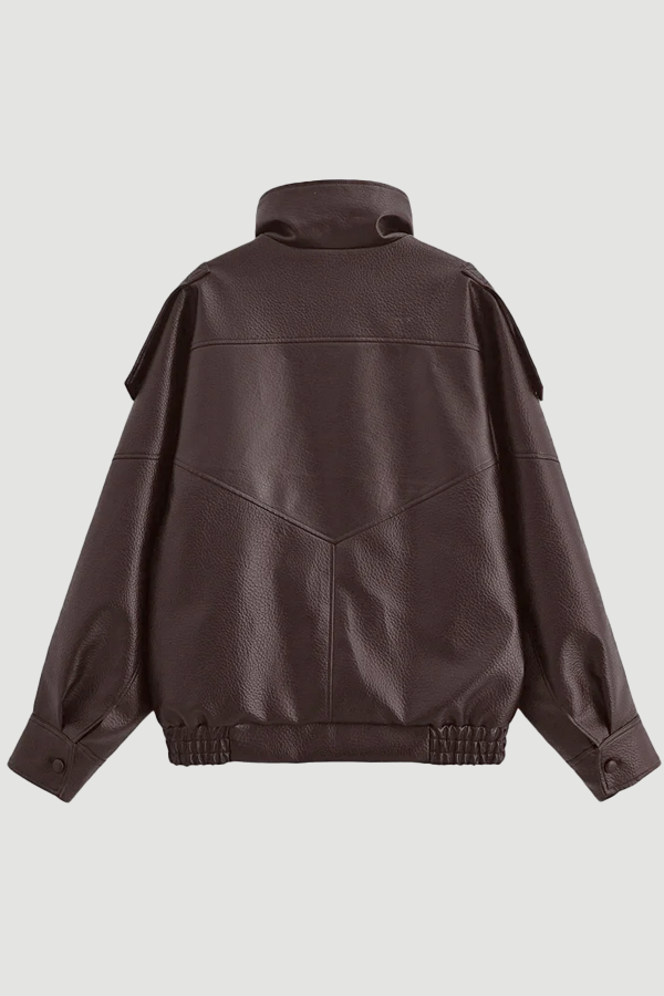 Oversized Faux Leather Bomber Jacket – brown