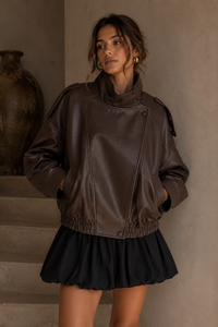 Oversized Faux Leather Bomber Jacket – brown
