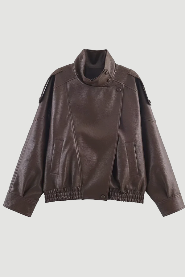 Oversized Faux Leather Bomber Jacket – brown
