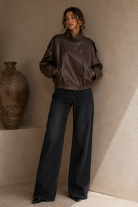 Oversized Faux Leather Bomber Jacket – brown