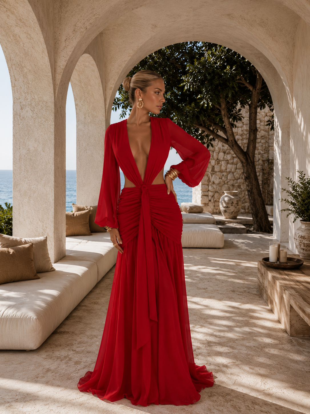 sheer red maxi dress Serafina Cutout Chiffon Ideal for making a product-variant=halterneck-silk-dress-in-beige Size:M (15.5) 34/35 (1554) EMERY ROSE Plus Size
