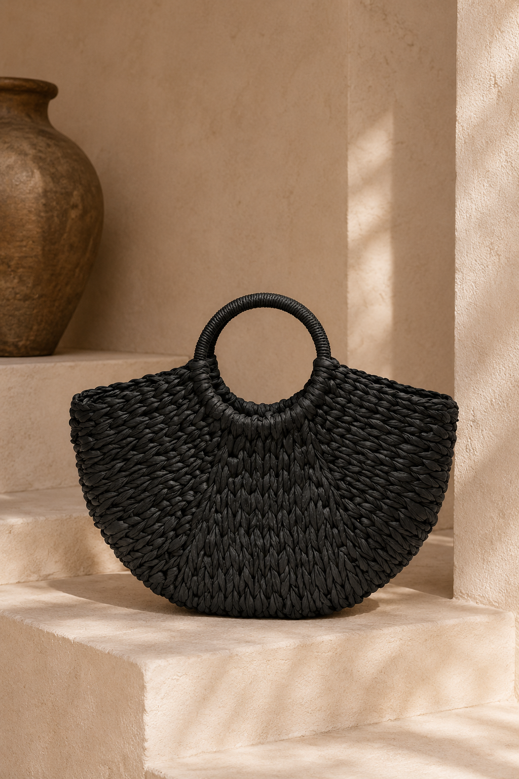 The Capri Crescent Straw Tote – Black