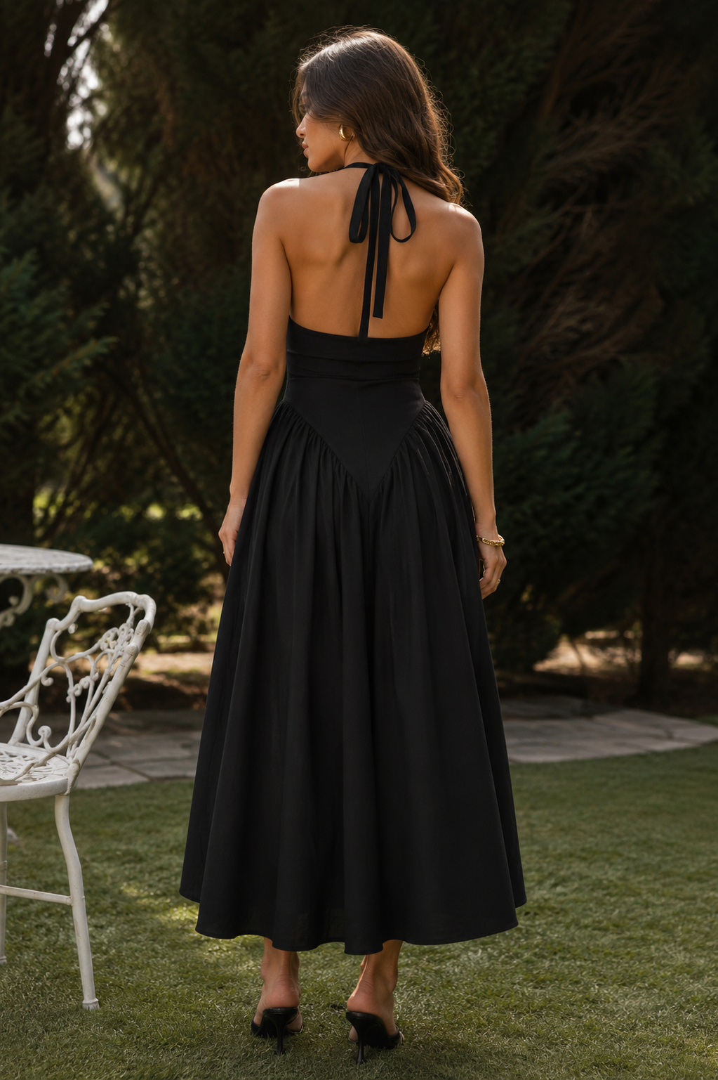 The Portofino Deep V Halter Maxi Dress – Black