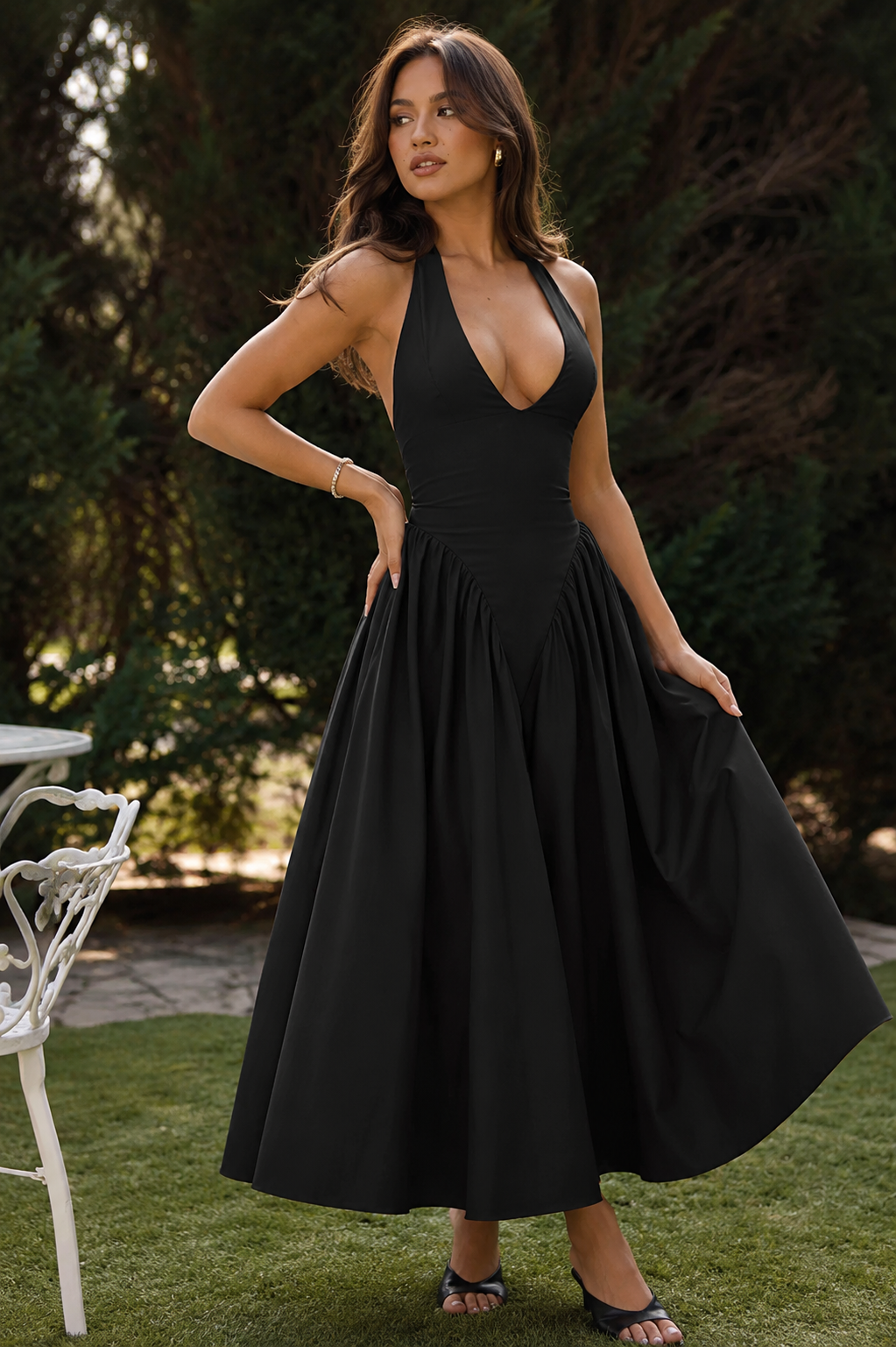 The Portofino Deep V Halter Maxi Dress – Black
