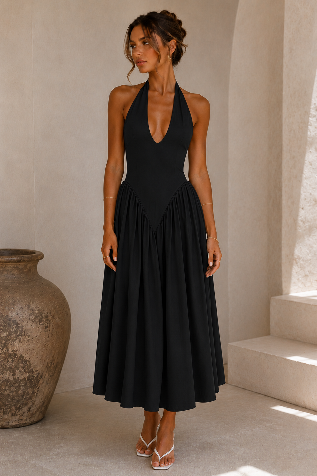 The Portofino Deep V Halter Maxi Dress – Black