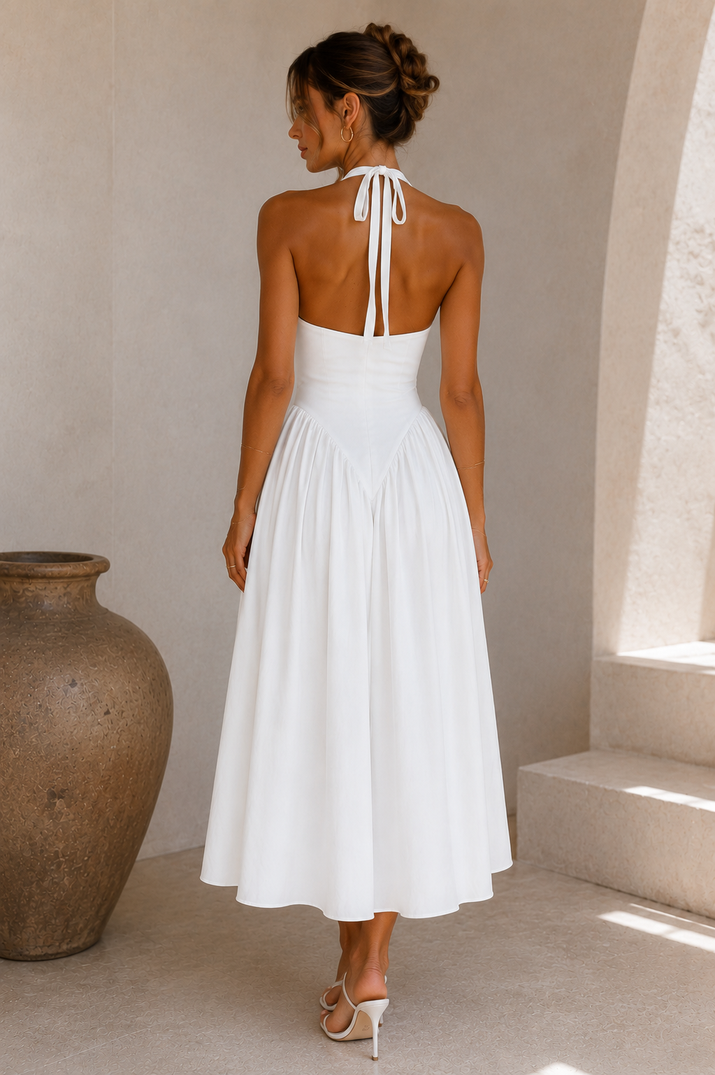 The Portofino Deep V Halter Maxi Dress – White