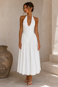 The Portofino Deep V Halter Maxi Dress – White