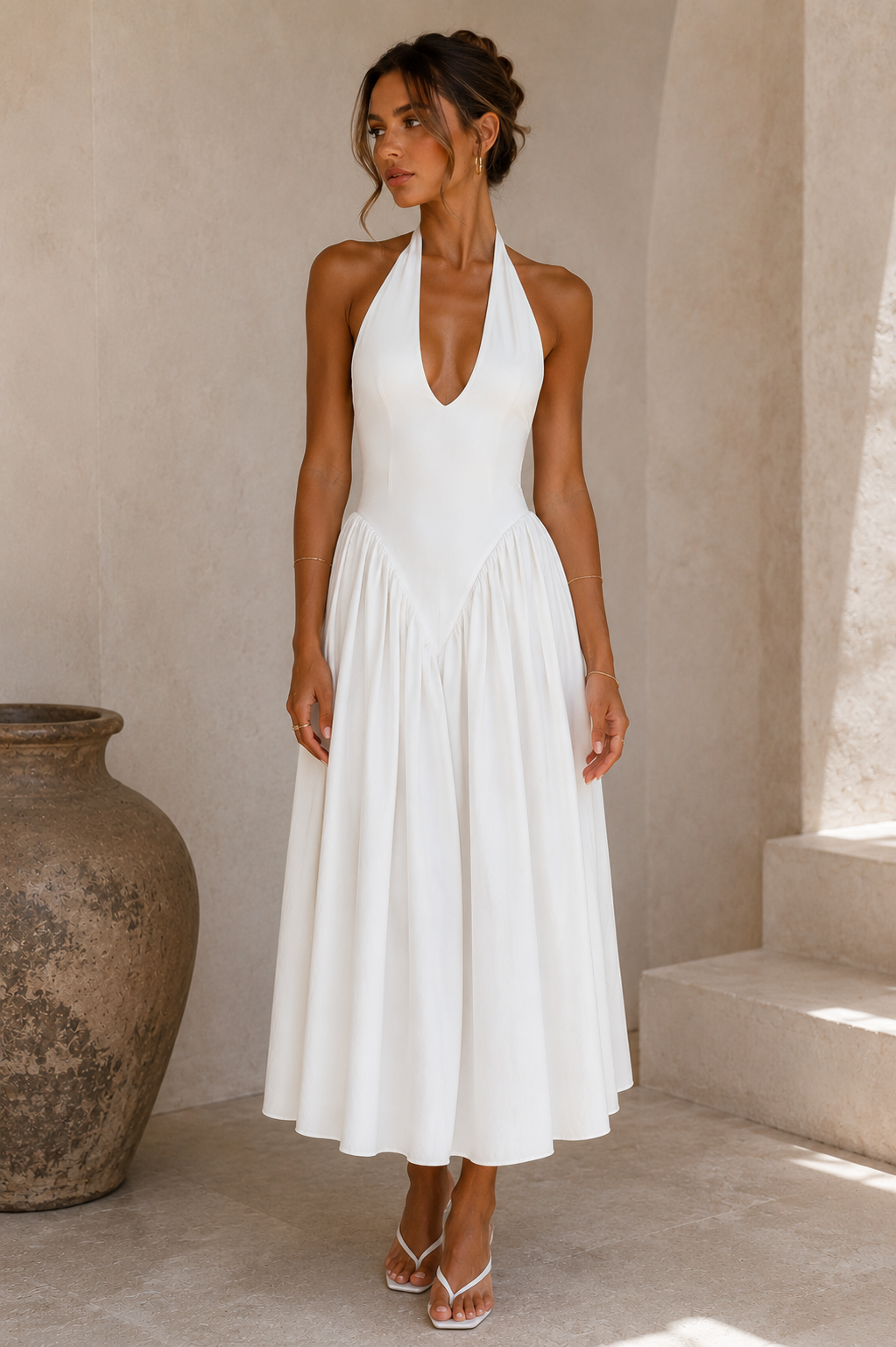 The Portofino Deep V Halter Maxi Dress – White