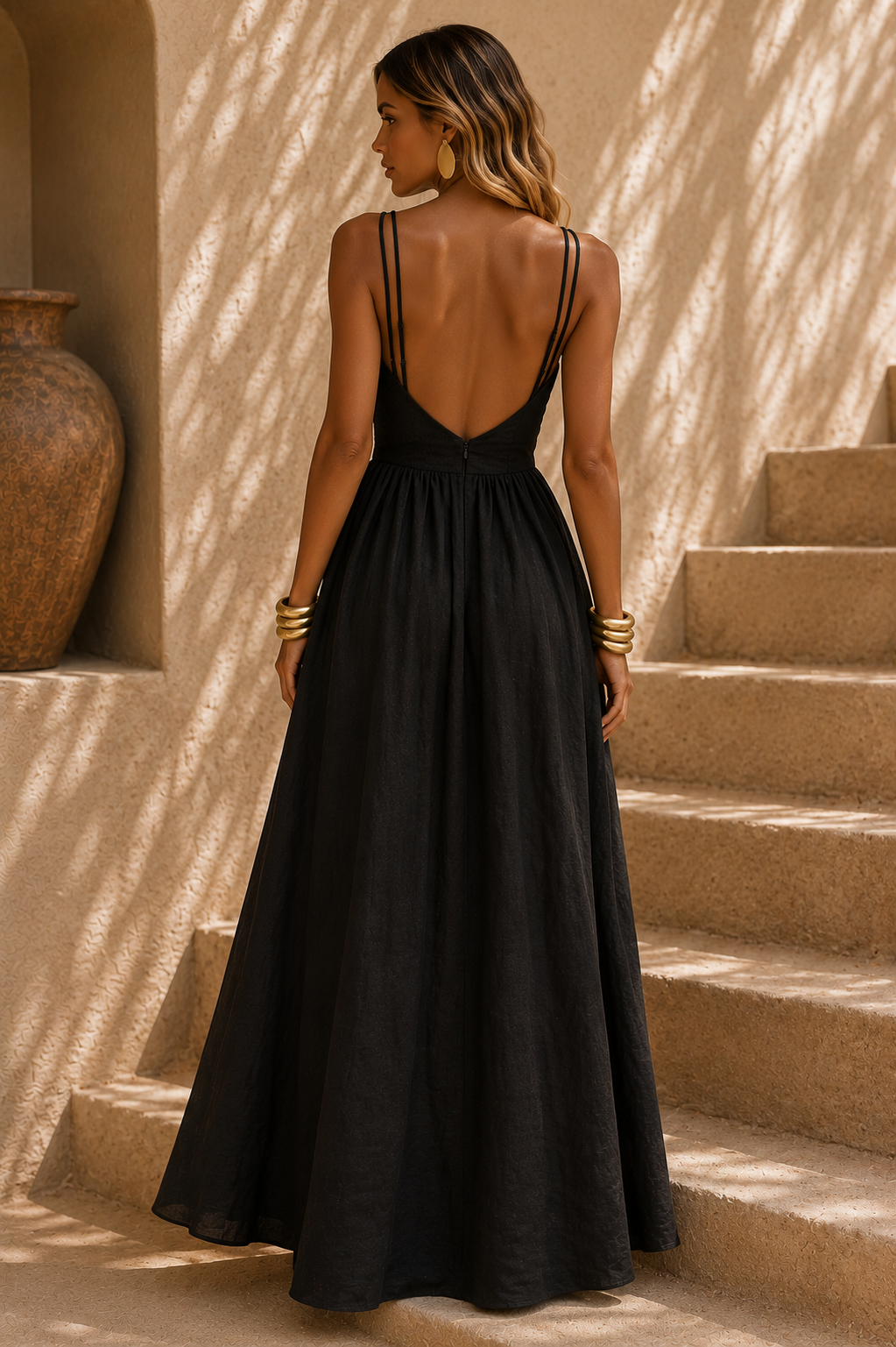 Black Cutout Linen Blend Maxi Dress