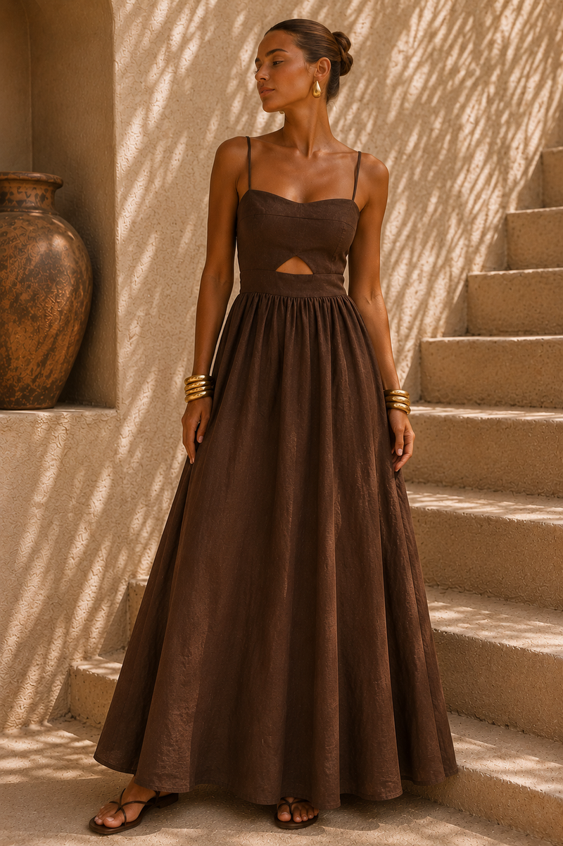 Brown Cutout Linen Blend Maxi Dress