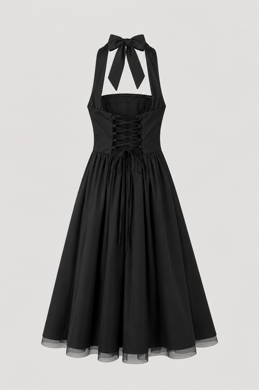 Black dress with halter neck and corset-style lacing on a light gray background