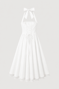 white halter maxi dress with fitted bodice and full skirt