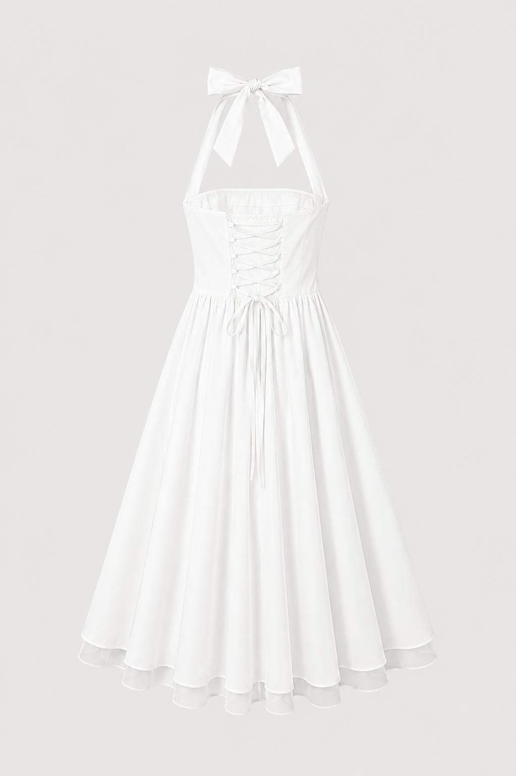 white halter maxi dress with fitted bodice and full skirt