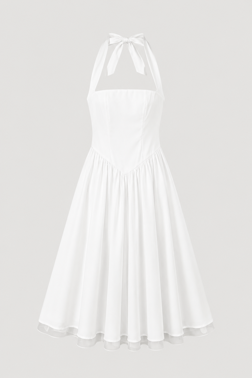 white front halter maxi dress with fitted bodice and full skirt