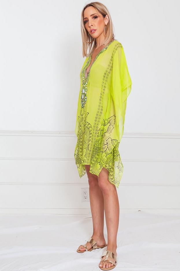 Embellished Beach Cover-Up Tunic - Lime - One size / LIME / 01501 Embellished Beach Cover-Up Tunic - Lime - One size / LIME / 01501