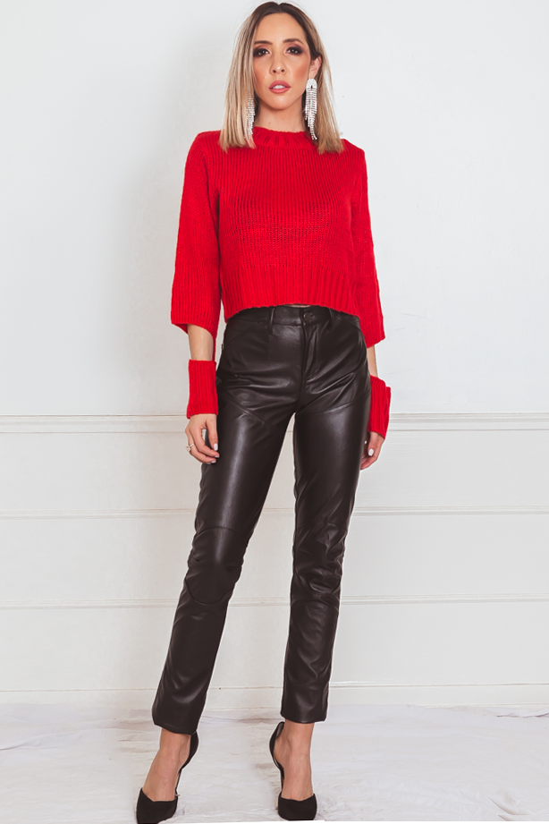 Knit Sweater with Cutout Sleeve Detail - Red