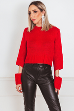Knit Sweater with Cutout Sleeve Detail - Red