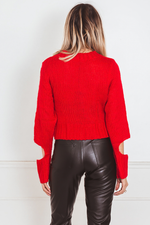 Knit Sweater with Cutout Sleeve Detail - Red
