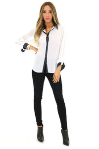 VINCE VEGAN LEATHER COLLAR CHIFFON BLOUSE - White - Haute & Rebellious