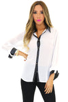 VINCE VEGAN LEATHER COLLAR CHIFFON BLOUSE - White - Haute & Rebellious