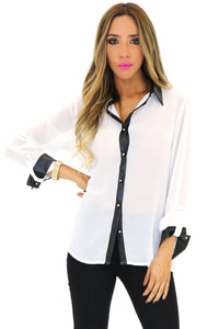 VINCE VEGAN LEATHER COLLAR CHIFFON BLOUSE - White - Haute & Rebellious