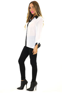 VINCE VEGAN LEATHER COLLAR CHIFFON BLOUSE - White - Haute & Rebellious