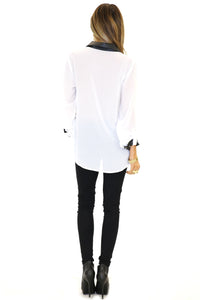 VINCE VEGAN LEATHER COLLAR CHIFFON BLOUSE - White - Haute & Rebellious