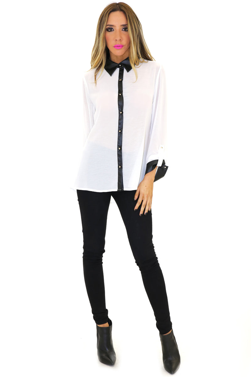 VINCE VEGAN LEATHER COLLAR CHIFFON BLOUSE - White - Haute & Rebellious