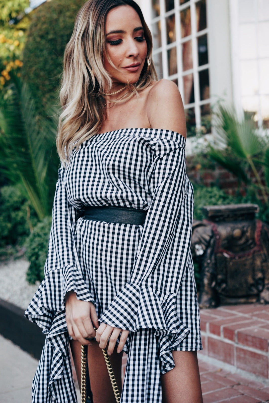 gingham off shoulder dress Gingham Off Shoulder Dress
