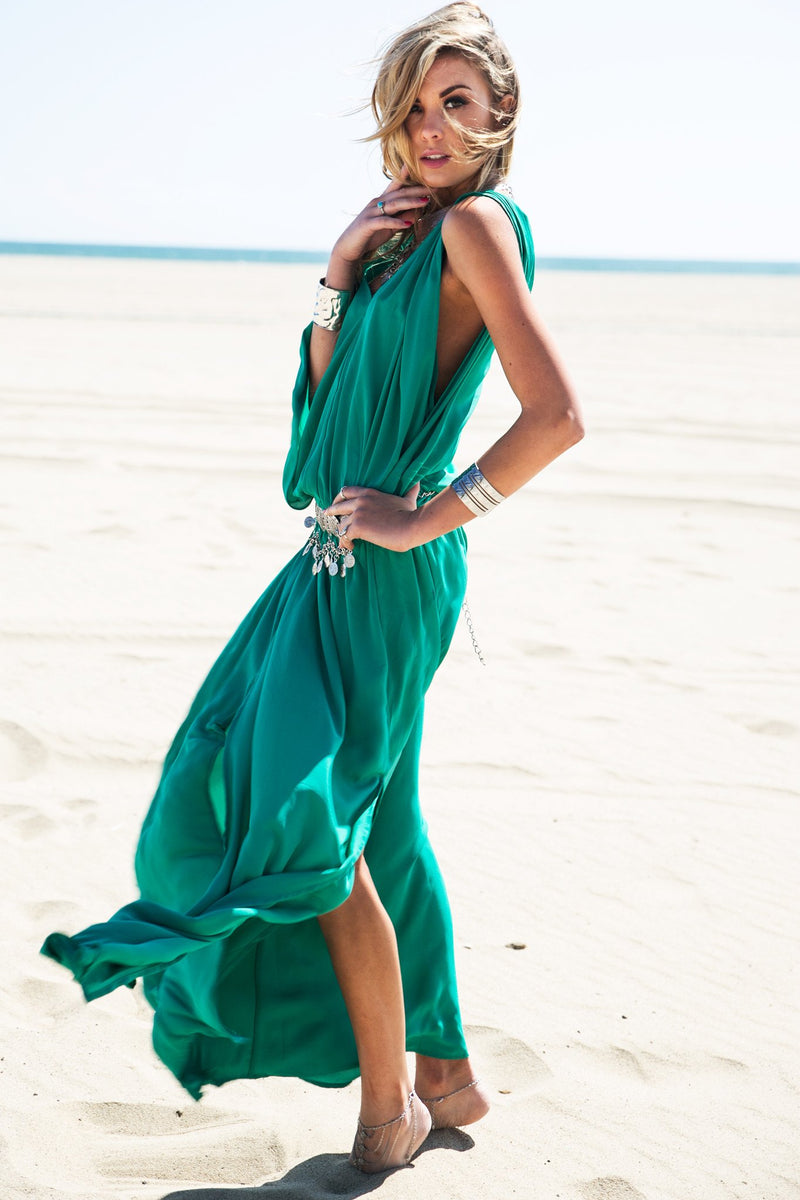 Molin Front Slits Chiffon Maxi Dress - Emerald - Haute & Rebellious
