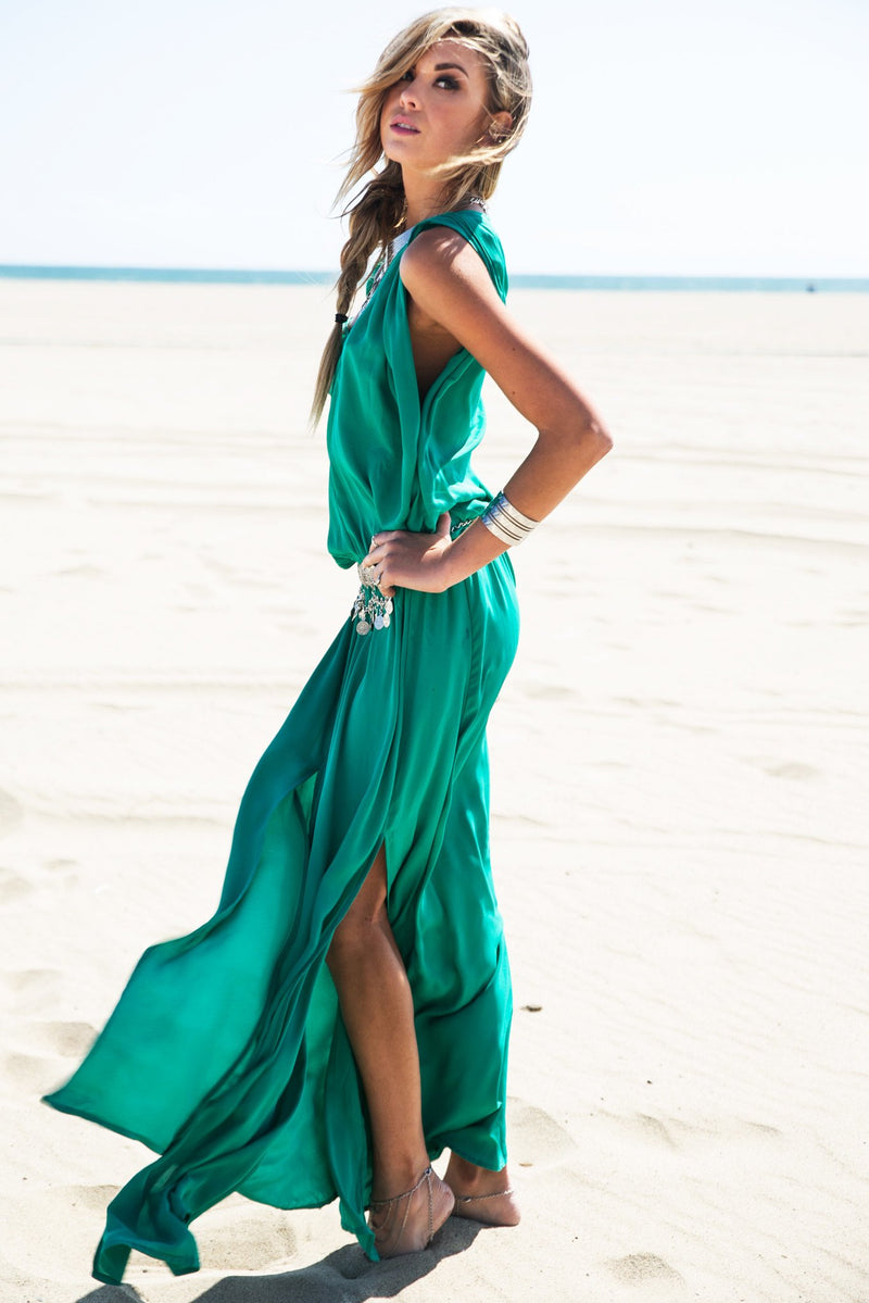 Molin Front Slits Chiffon Maxi Dress - Emerald - Haute & Rebellious