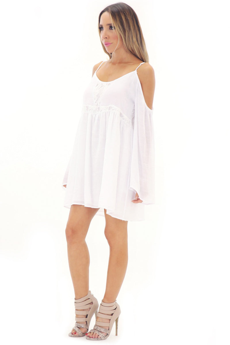 FEATHER BELL SLEEVE SUN DRESS - WHITE - Haute & Rebellious