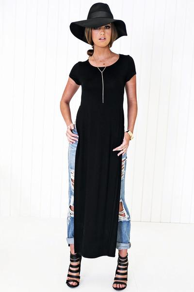 Ace Scoop-Neck High-Slit Tee Dress - Black - Haute & Rebellious