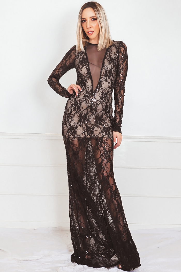 Elegant Gown with Lace & Sequins