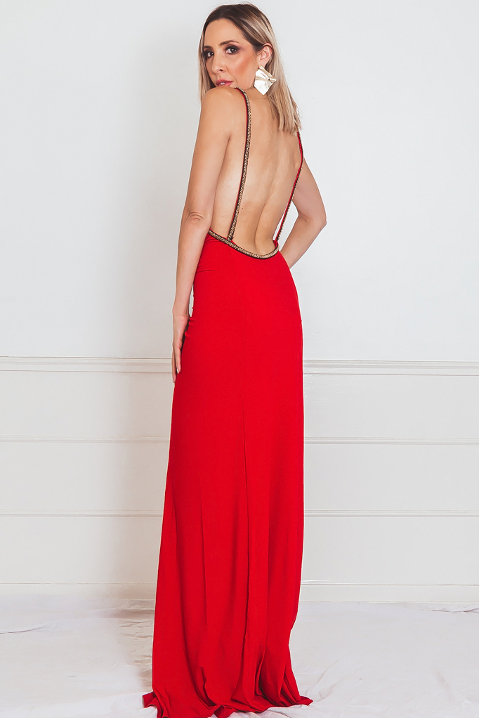 Elegant Maxi Dress with Embellished Straps - Red