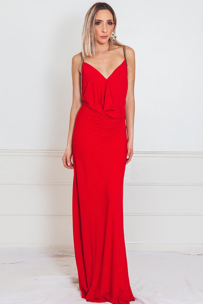 Elegant Maxi Dress with Embellished Straps - Red