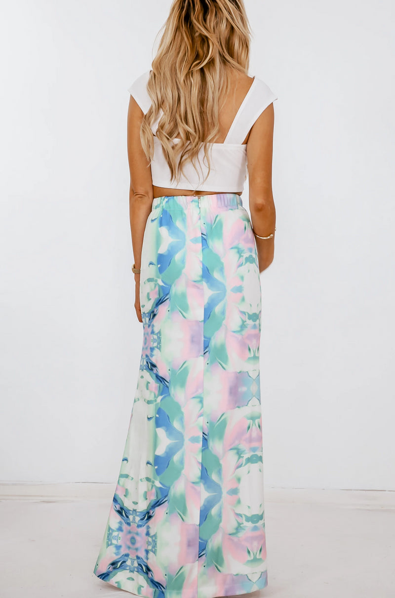 Watercolor Print Maxi Skirt with Slit
