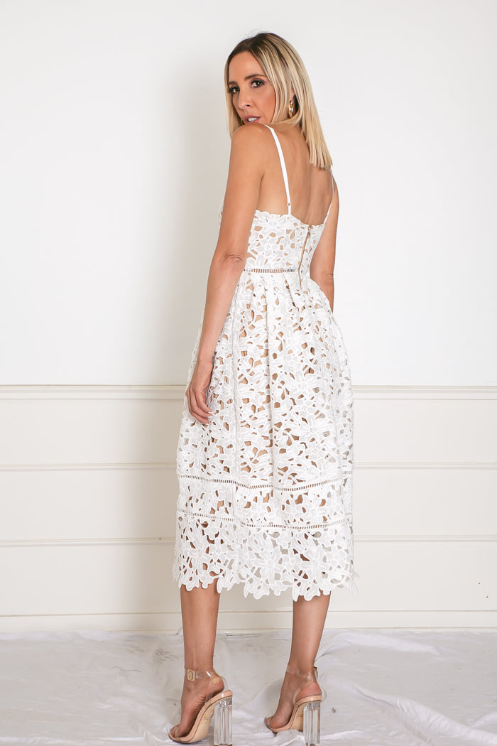 Lace Fit-and-Flare Midi Dress - White
