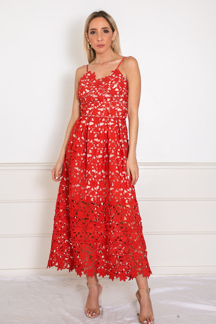 Lace Fit-and-Flare Midi Dress - Red