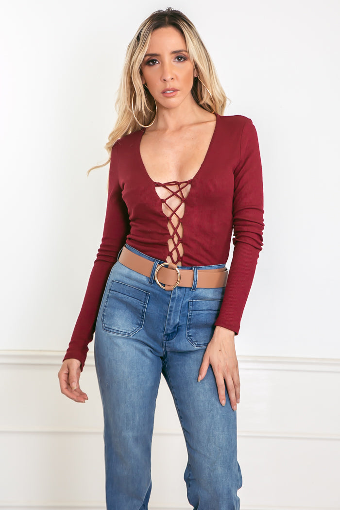 Ribbed Lace-Up Bodysuit - Burgundy