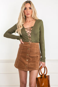 Ribbed Lace-Up Bodysuit - Olive