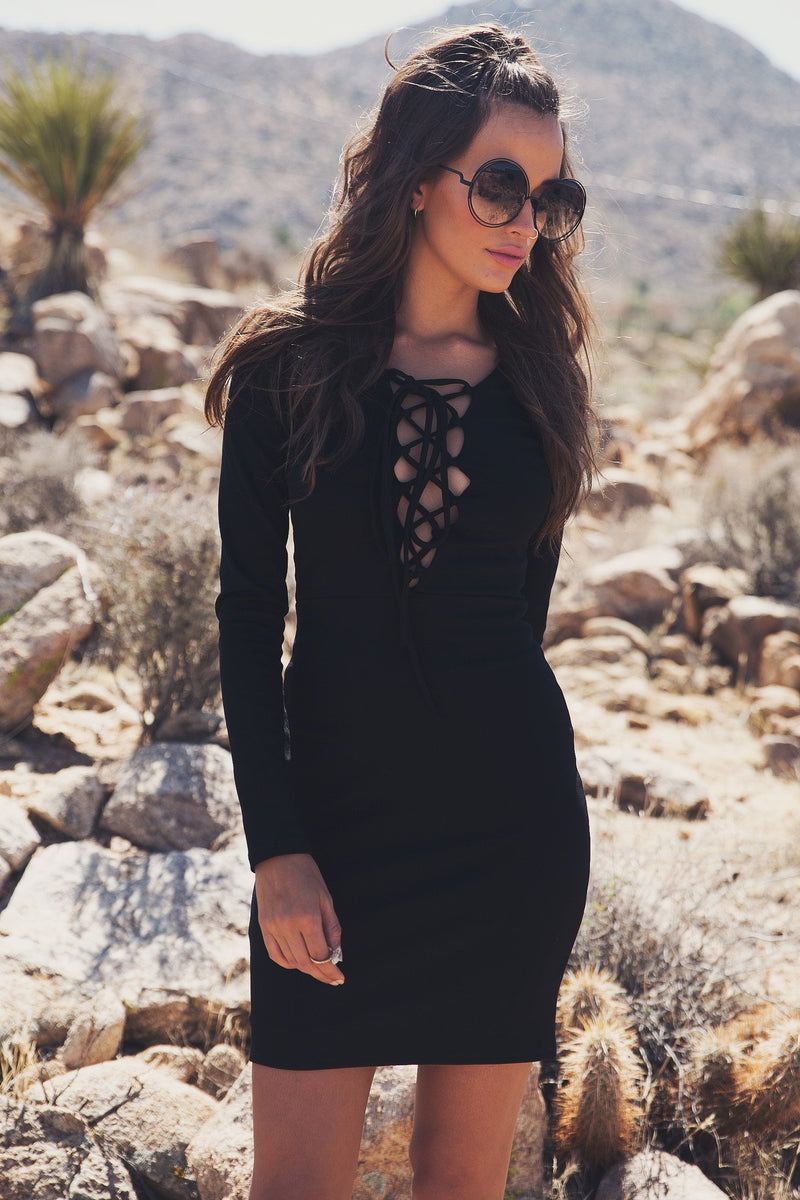Liana Long Sleeve Lace-Up Dress - Black - Haute & Rebellious