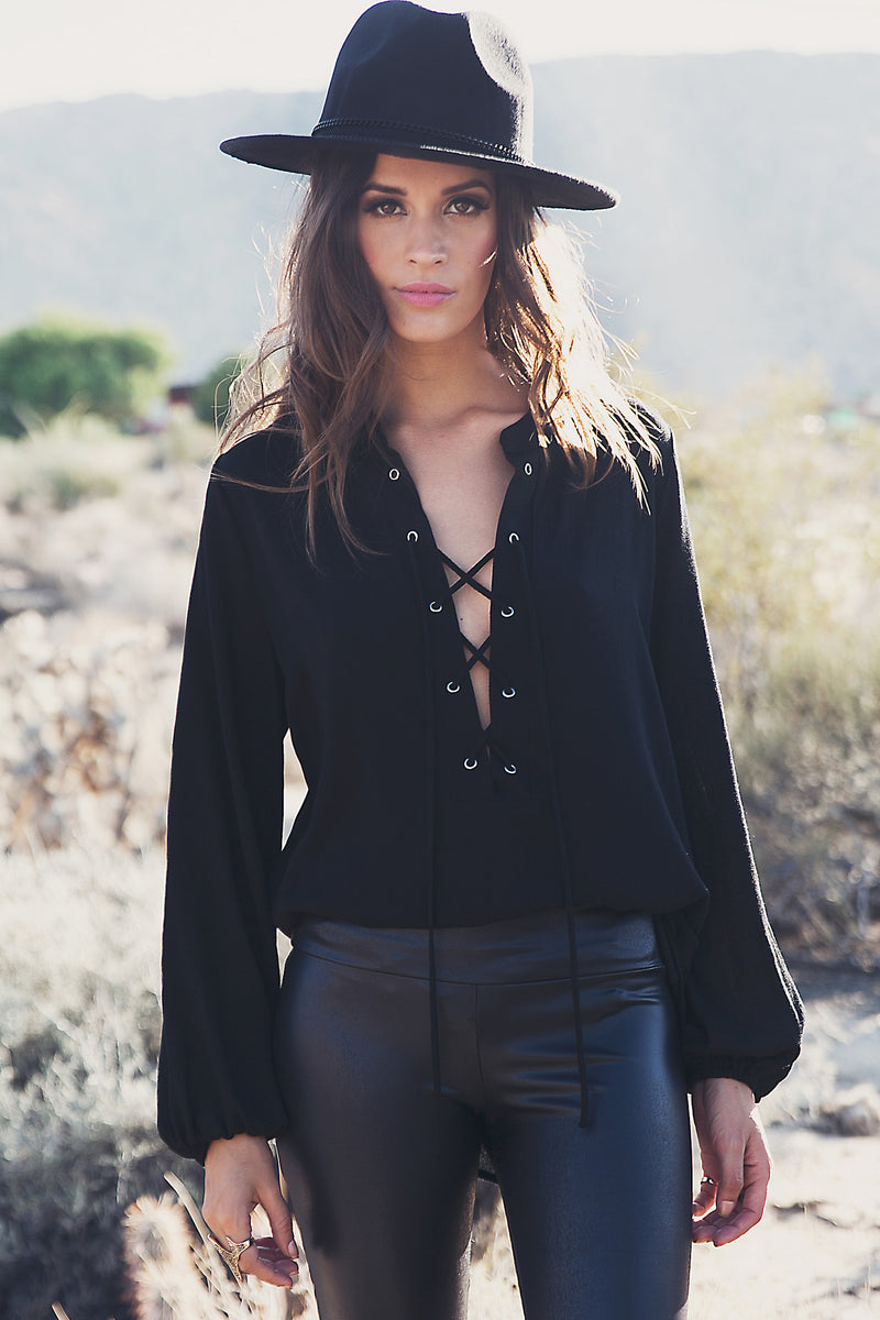 Sabrine Lace-Up Blouse - Black - Haute & Rebellious